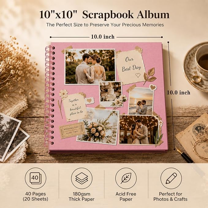 10x10 Inch DIY Scrapbook Album 40 Pages (20 Sheets), Hardcover Kraft Paper