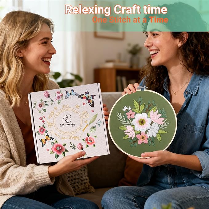 Bonroy 4 Sets Embroidery Set for Beginners, Art Craft, Easy Sewing Embroidery Kit Includes Embroidered Clothes with Patterns, Embroidery Hoops, Instruction Manual, Color Stitch Set (3)