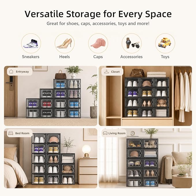 Kuject X-Large Shoe Storage Boxes 12 Pack, Clear Stackable Shoe Organizer