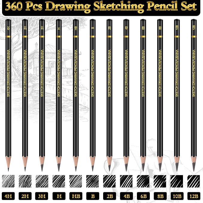360 Pcs Sketching Pencils, 12B-4H Graphite Drawing Pencils | Art Set for Artists Beginners, Bulk Supply for Studios, Charcoal Graphite Blend, Shading Sketching, Gift-ready Packaging