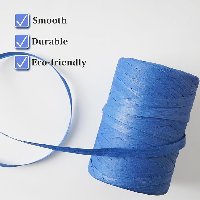 Raffia Ribbon Yarn for Crafts - Raffia Grass Twine for Gift Wrapping, DIY Decoration, Blinds & More | Matte String Paper Rope - 1/4'' Wide, 109 Yards, Blue