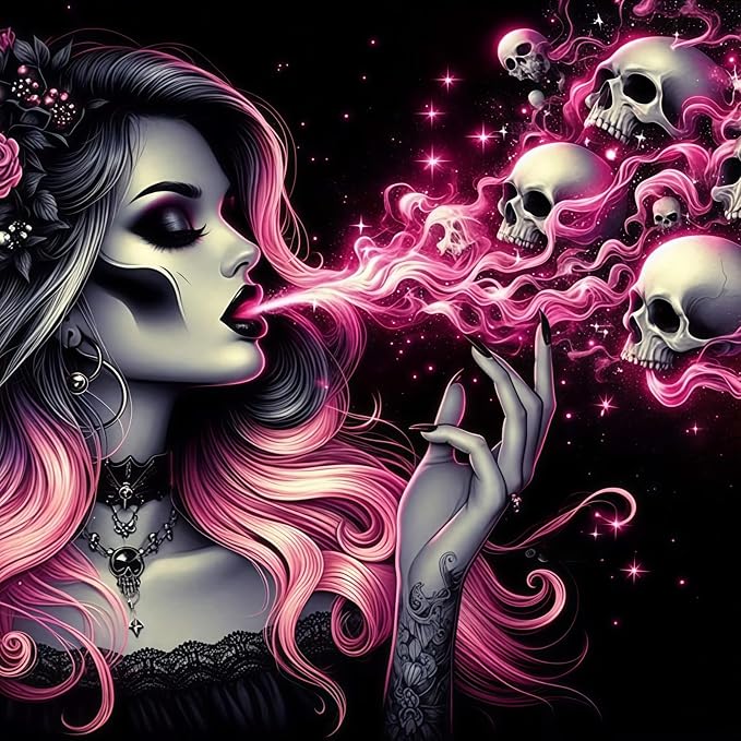 5D Gothic Skull Diamond Art kits for Adults Beginners 13.7x 13.7 Inch | Pink Hair Lady Diamond Painting Kit, DIY Full Round Drill Paint by Diamonds Dot Gem Art for Adult, Home Wall Decor