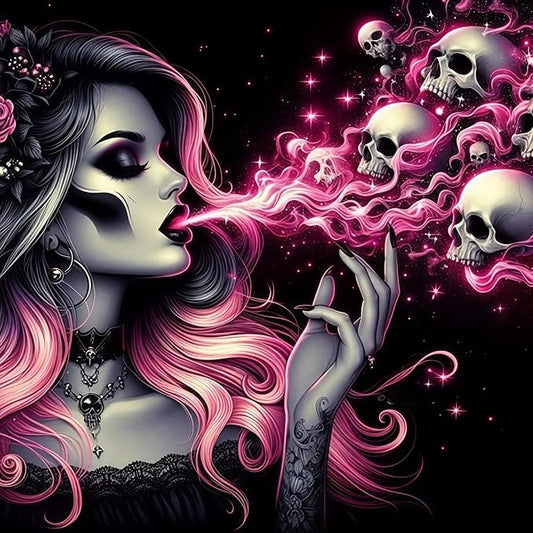 5D Gothic Skull Diamond Art kits for Adults Beginners 13.7x 13.7 Inch | Pink Hair Lady Diamond Painting Kit, DIY Full Round Drill Paint by Diamonds Dot Gem Art for Adult, Home Wall Decor