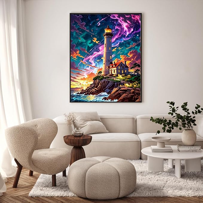 GEEHEIY Paint by Numbers Kit for Adults, Lighthouse Aurora, 16 x 20 Inch | DIY Adult Paint by Number Kit on Canvas for Beginners, without Frame, Coastal Wall Decor, Stress Relief Craft Gift