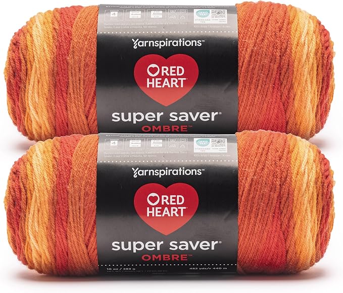 Red Heart Super Saver Ombre Yarn for Crocheting, Marigold, 2-Pack | #4 Medium Worsted Weight 100% Acrylic Ombre Yarn for Blankets, Scarves, Hats, and Sweaters, 482 yards, 283g/10oz