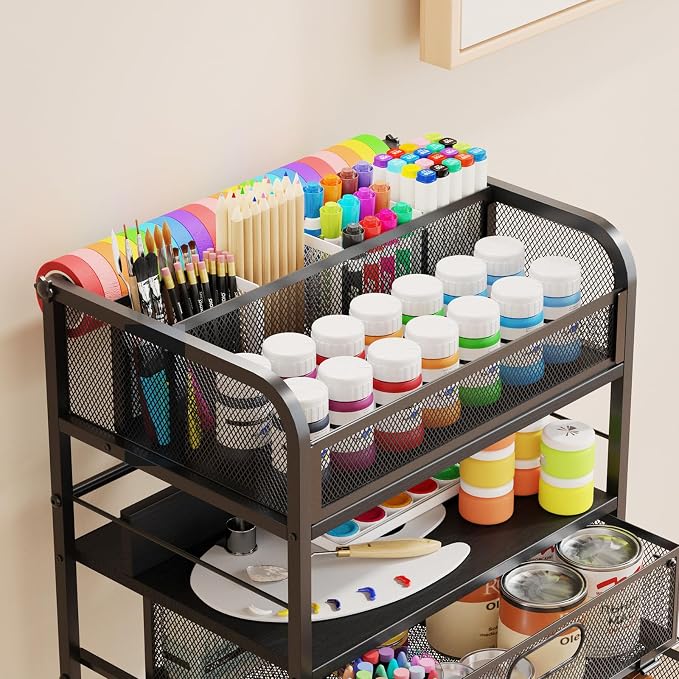Homsorout Art cart, 5 Tier Rolling Cart - Utility Cart with Storage Drawer and Wheels, Versatile Art & Craft Organizer for Home, Office, or Studio Ideal for Storing Brushes, Paints （Black）