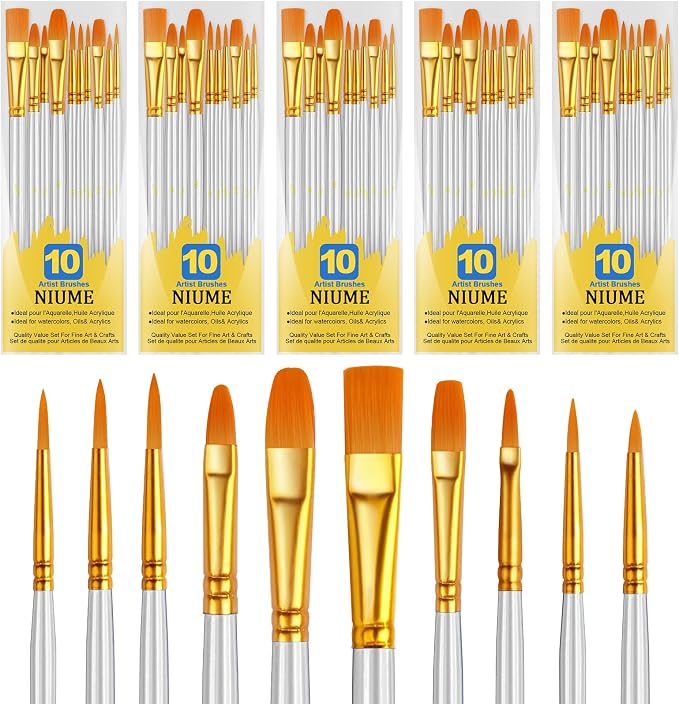Acrylic Paint Brushes Set, 50Pcs Round Pointed Tip Artist Paintbrushes for Acrylic Painting Oil Watercolor Canvas Boards Rock Body Face Nail Art, Halloween Pumpkin Ceramic Crafts Supplies，White