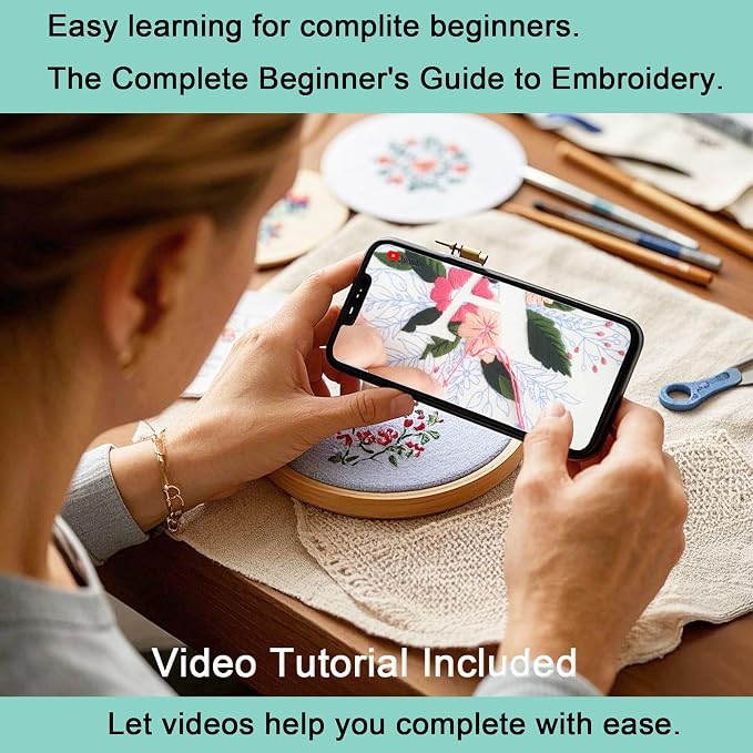 Harimau Letter D Pattern Embroidery Kit for Adult Beginners, Complete Starter Pack with 1 Hoop, Needles, Instruction Guide & Embroidery Stitch Video Tutorials