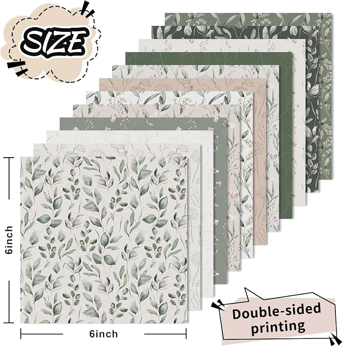 JarThenaAMCS 24 Sheet Greenery Pattern Paper Green Eucalyptus Leaves Scrapbook Specialty Paper Double Sided Craft Papers for DIY Card Making Photo Album Journal Decor, 6 x 6 Inch