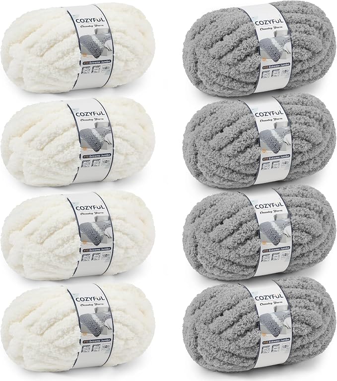 Cozyful Chunky Yarn for Hand Knitting - #10 Chunky Chenille Yarn, Jumbo Big Thick Chunky Yarns for Crocheting, Super Bulky Chunky Knit Blanket Yarns, 8 Skein (22yd, 8oz/Skein), Cream & Grey