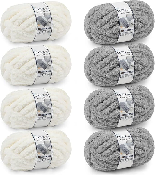 Cozyful Chunky Yarn for Hand Knitting - #10 Chunky Chenille Yarn, Jumbo Big Thick Chunky Yarns for Crocheting, Super Bulky Chunky Knit Blanket Yarns, 8 Skein (22yd, 8oz/Skein), Cream & Grey