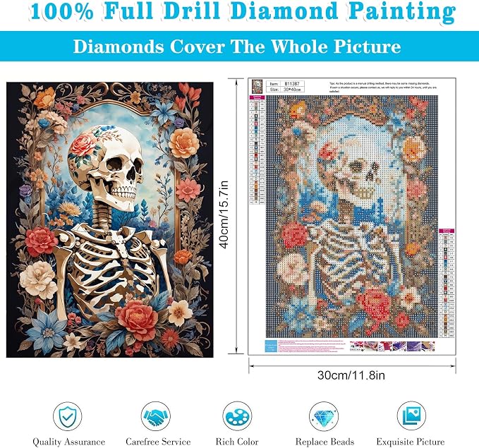 Diamond Art Kits for Adults Skull Flower Diamond Painting Kit 12x16in | 5D Skeleton Diamond Art Painting Kit for Adult, DIY Full Round Drill Skull Gem Art Diamond Dots Kits for Home Wall Decor Gift