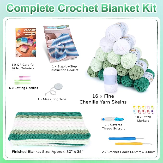 Reessy Crochet Blanket Kit for Beginners Adults – Gradient Green Ombre Throw Blanket Kit with Soft Chenille Yarn, Hooks & Instructions – Handmade Crochet Starter Set for Adults