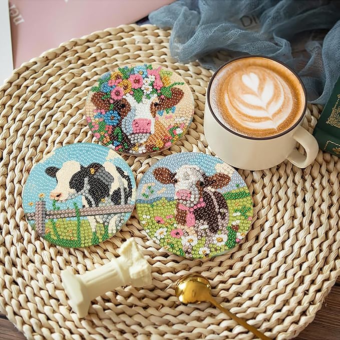 askkqtx 8 Pcs Cow Diamond Art Coasters Kits with Holder 4X4 Inch
