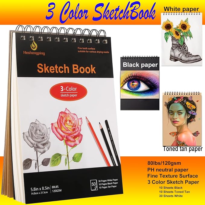 Heshengping 48 Color Colored Pencils Set for Coloring Books with 3-color Sketchbook coloring book Drawing kit Art Supplies with Roll up Canvas Case for Adults Beginners Teens