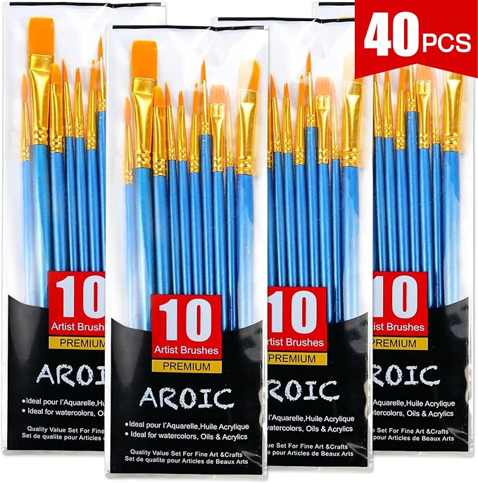 Acrylic Paint Brush Set, 4 Packs / 40 pcs Nylon Hair Brushes | All Purpose Oil Watercolor Painting Artist Professional Kits