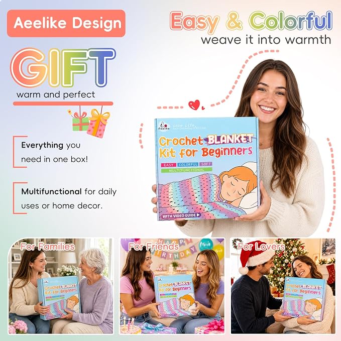 Aeelike Crochet Blanket Kit for Beginner, Easy Blanket Crochet Kit, Rainbow