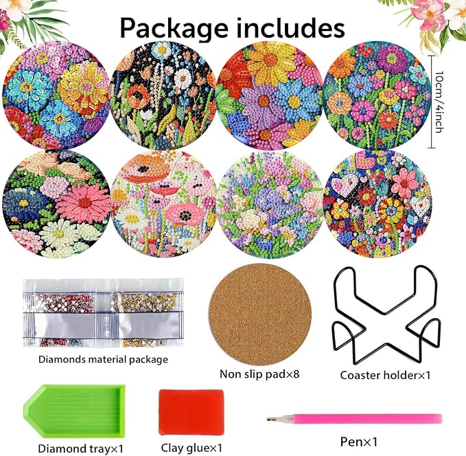 mrpwnle 8 Pcs Diamond Art Coasters Kits, Flowers Diamond Painting Coasters