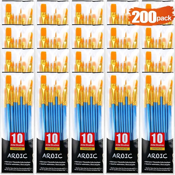 AROIC 200 Pcs Paint Brushes, Nylon Hair Brush Set for Oil and Watercolor | Acrylic Bulk Paint Brushes for Beginners & Artists, Kids Drawing Kit, Perfect for Canvas Rock Painting Art Supplies(20 Packs)