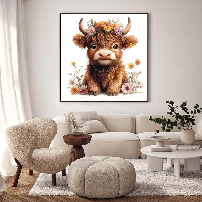 GEEHEIY Framed Paint by Numbers Kit for Adults, Highland Cow, 10 x 10 Inch | DIY Adult Paint by Number Kit for Beginners, Farmhouse Wall Decor, Stress Relief Craft Gift, Creative Hobby