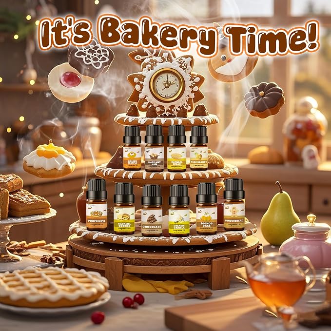 Bakery Essential Oils Set (10 × 5ml), INWICOPH Fragrance Oil for Soap & Candle Making - Pumpkin Pie, Golden Waffle, Hazelnut, Eggnog Cake Aromatherapy Scented Oils