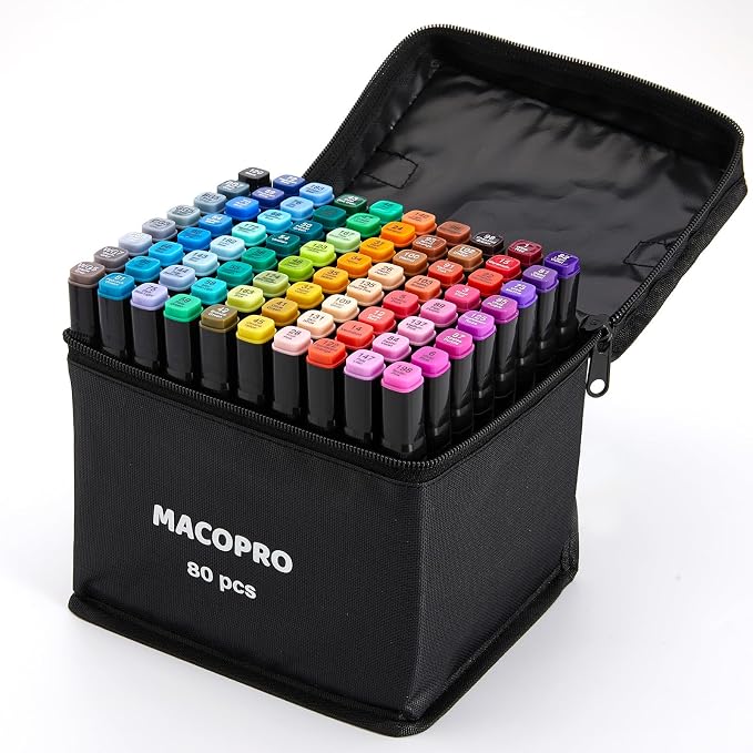 Alcohol Markers, 80 Colors Dual Tip Art Coloring Markers Set for Adult Book Drawing Sketching Painting, Chisel & Fine, Black Penholder (80)