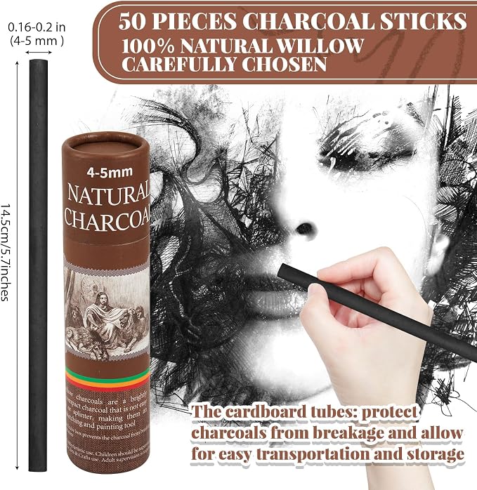 Gueevin 50 Pcs Soft Willow Charcoal Sticks Drawing,4-5mm | For Artists Beginners Students, Vine Charcoal Bulk for Sketching Shading Fine Art, Assorted Sizes, Back to School Gifts