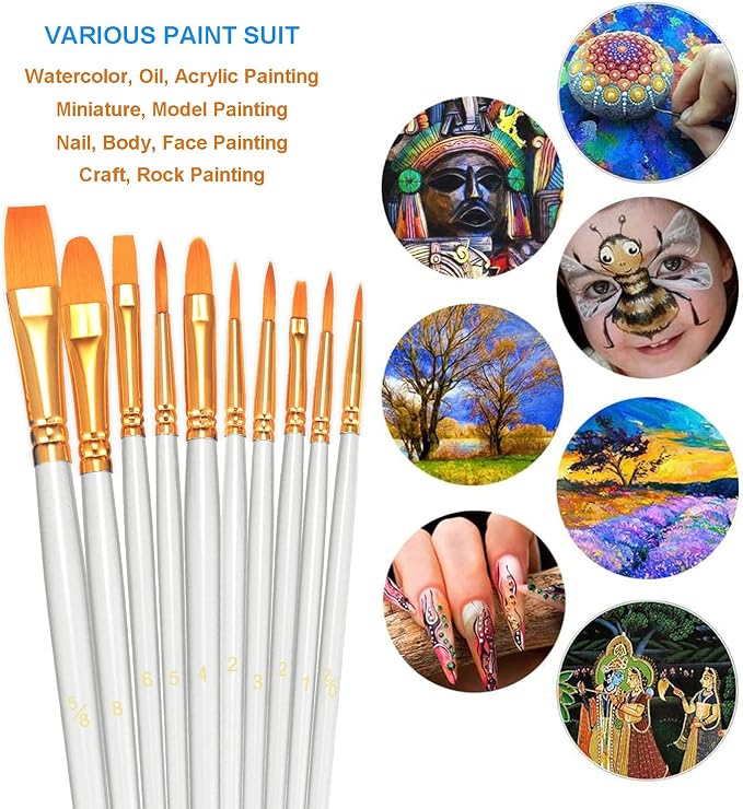 BOSOBO Paint Brushes Set, 20 Pcs Small Paint Brush Kit Round Flat Tip Nylon Hair, for Acrylic Painting, Watercolor, Oil Painting, Kids Face Nail Art Canvas Rock Craft, Art Supplies, White
