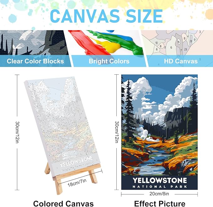 4 Pack Framed Paint by Numbers Kit for Adults with Wooden Easel, 8x12 Inch | National Parks, Easy DIY Acrylic Canvas Craft Kit with Frame for Beginners, Home Decor, Stress Relief Relaxing Hobby Gift