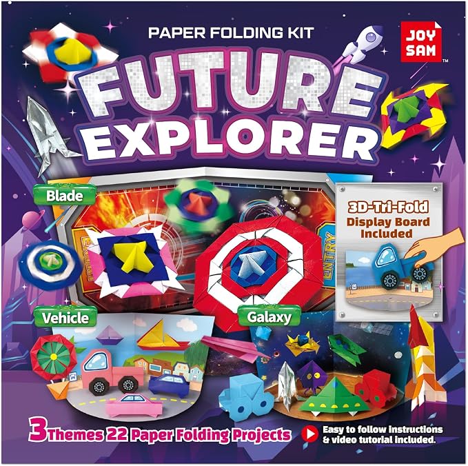 JOYSAM Future Explorer Origami Paper Folding Kit for Kids Ages 5-8 8-12, Made in Korea, 22 Projects with Tri-fold 3D Display Boards, Easy Manual with QR Video Tutorial Included