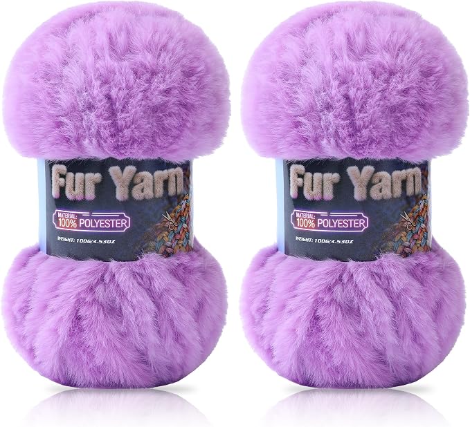 Faux Fur Yarn Soft Fluffy for Crocheting - 2 Skeins(Each 3.5oz/100g, 71yd/65m) - Chunky & Fluffy Yarn for Crochet Amigurumi, Blankets, Hand Knitting, Scarves &Crafts (2, Purple)