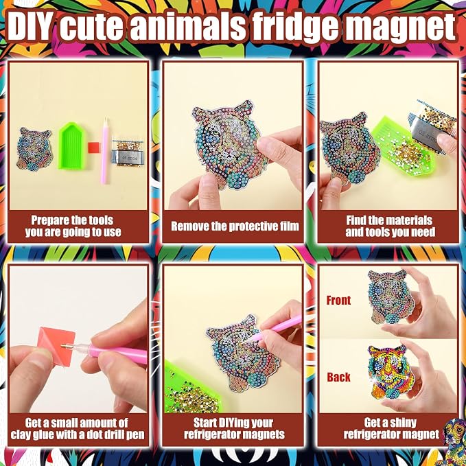 Remuuly 30 Pcs Animal Diamond Painting Magnets Diamond Art Kits for Adults | Colorful Animal Refrigerator Magnets, Tiger 5D Rhinestone Fridge Magnetic Sticker, Diamond Club Gifts, Beginner DIY Crafts