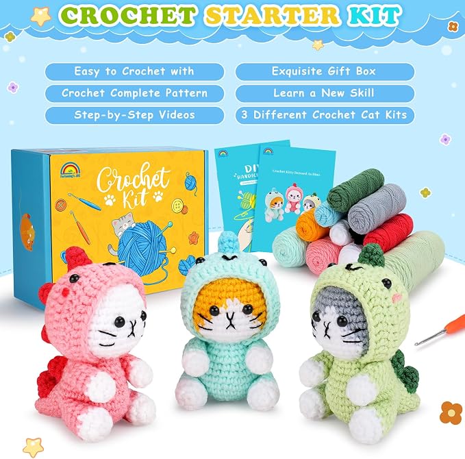 Fortuning's JDS Crochet Kit for Beginners, 3 PCS Dinosaur Cat Crochet Kits | w/ Step-by-Step Video Tutorials, Beginner Crochet Kit for Adults, Crochet Animal Kit for Starters, Dinosaur Cat Crochet Set