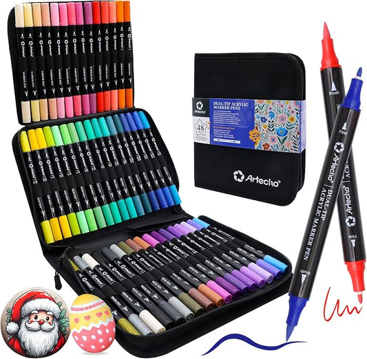 Artecho Acrylic Paint Markers 48 Colors with Bag（ Brush Tip and Fine Tip ） | Ideal for Rock Painting, Stone, Wood, Paper, Canvas, Ceramic, Glass, Fabric & DIY Crafts