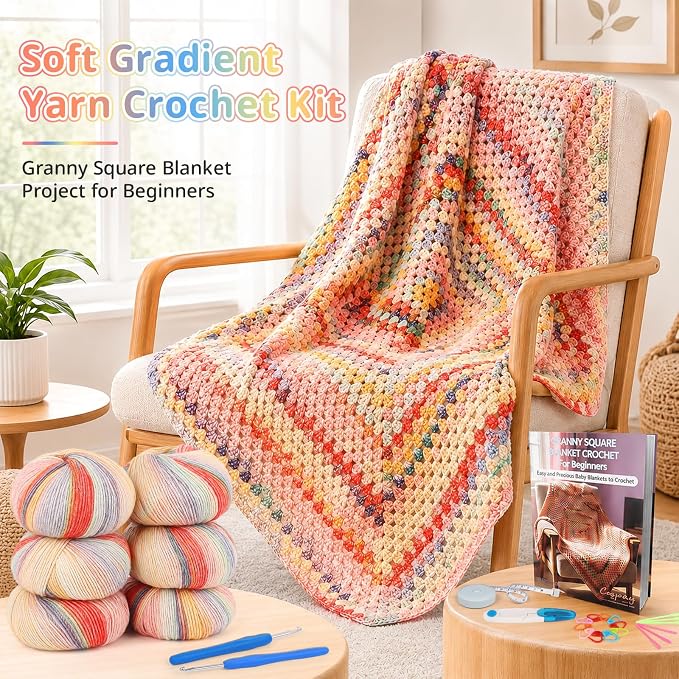 Coopay Crochet Kit for Beginners, Variegated Granny Square Blanket Kit