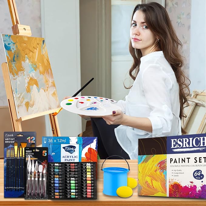 ESRICH Acrylic Paint Set, 64PCS Painting Supplies with Wood Easel | 12 Paint Brushes, 36 Paints, Canvas, Palette, Paints Knives, Painting Kit for Adults, Beginners
