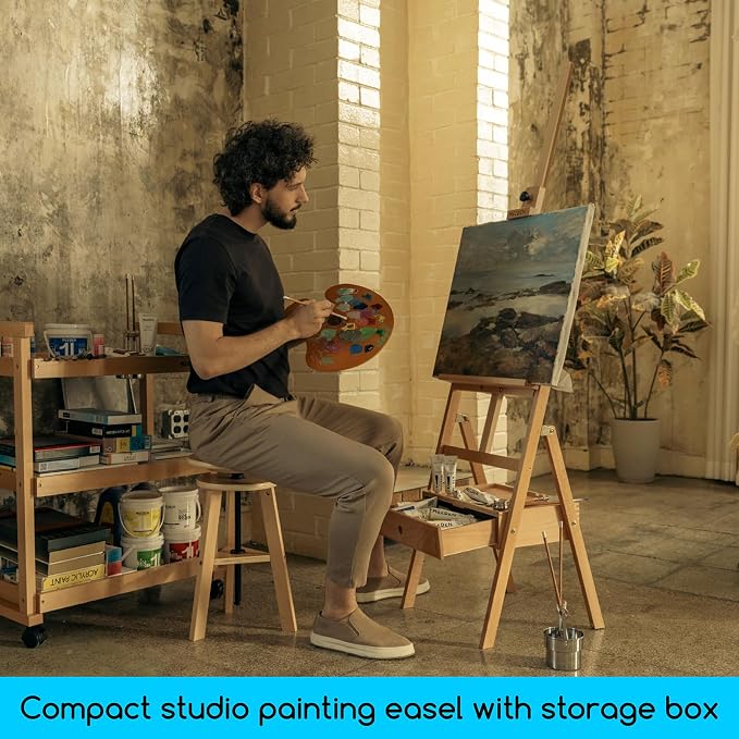 MEEDEN Painting Easel with Storage Drawer, Studio H-Frame Easel- Adjustable (60"~75") Solid Beech Wood Easel Stand for Painting for Adults, Holds Canvas Art up to 35",Natural