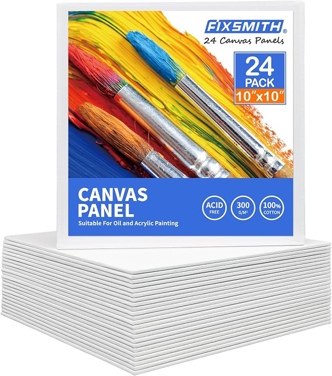 FIXSMITH Canvas Boards for Painting 10x10 Inch, Super Value 24 Pack Paint Canvases, White Blank Canvas Panels, 100% Cotton Primed Canvas for Painting, Painting Art Supplies