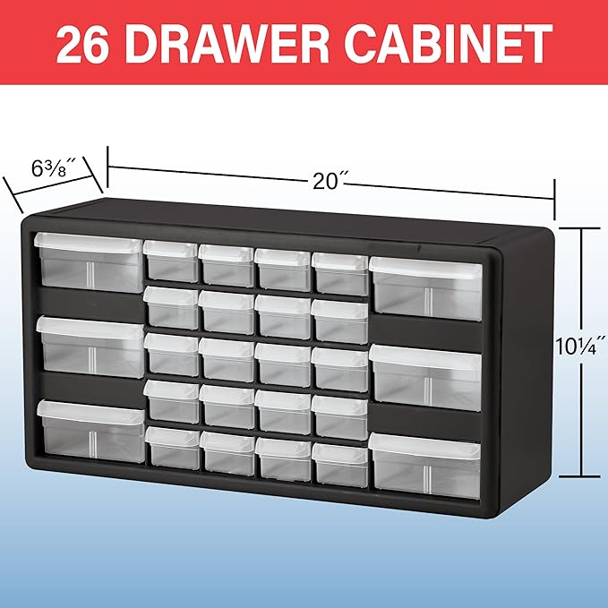 Akro-Mils 26-Drawer Plastic Storage Cabinet, 20" W x 6" D x 10" H, White | Plastic Cabinet w/ Drawers for Garage Organization, Beads, Building Bricks Storage, Teacher Toolbox, Makeup Organizer, 10126