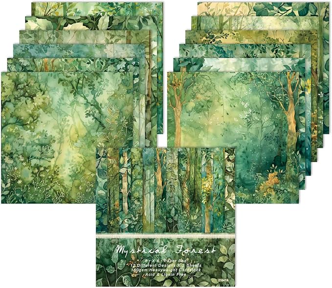 Green Scrapbook Paper Pad 6 x 6 in- 24 Sheets Forest Patterned Designed Tree Decorative Decoupage Folded Card Material Gift Wrapping Planners Junk Journal DIY Crafts Photo Album
