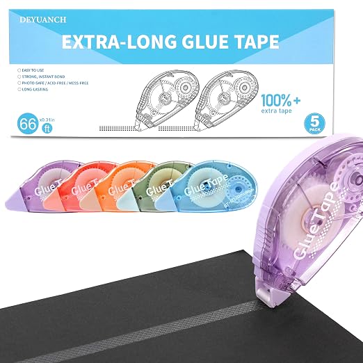 Upgrade 3X Longer Glue Tape, 5-Pack Total 109 Yards, Photo-Safe Acid-Free Double Sided Tape for Crafts, Scrapbook and Junk Journal Supplies (0.31 in × 65.62 ft, Multicolor)