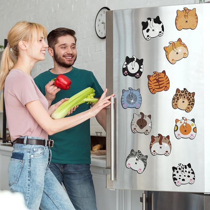 Zonon 12 Pcs Cat Diamond Art Magnets for Fridge Kitty Decor Kits | Cute Kitty Shapes with Diamond Painting Sparkle, Magnetic Stickers for Home Decor, Pre-finished Art Ready for Adults