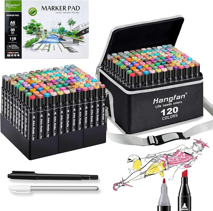 Alcohol Based Ink Art Markers, 120 Colors Broad&Fine Dual Tip Permanent Markers Pen Set for Professional Student Child Coloring Illustrations Sketch Drawing Painting Card Making (Black)