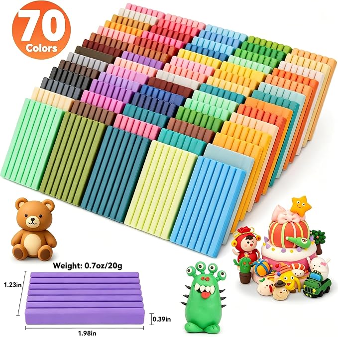 CiaraQ 70-Color Polymer Clay Oven Bake Modeling Kit | 14 tools, 3‑layer box, silicone mold, accessory pack, guide. Great for gifting, school, home, kids & artists.