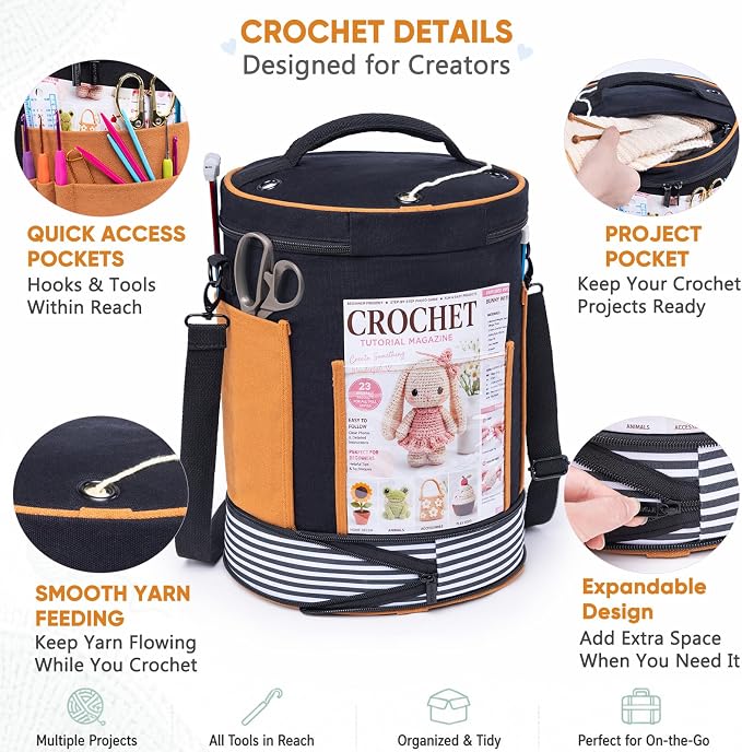 Canvas Yarn Storage Organizer with Removable Dividers, Crochet&Knitting Bag | Expandable canvas yarn organizer with removable dividers, yarn feed holes, project storage and multiple tool pockets