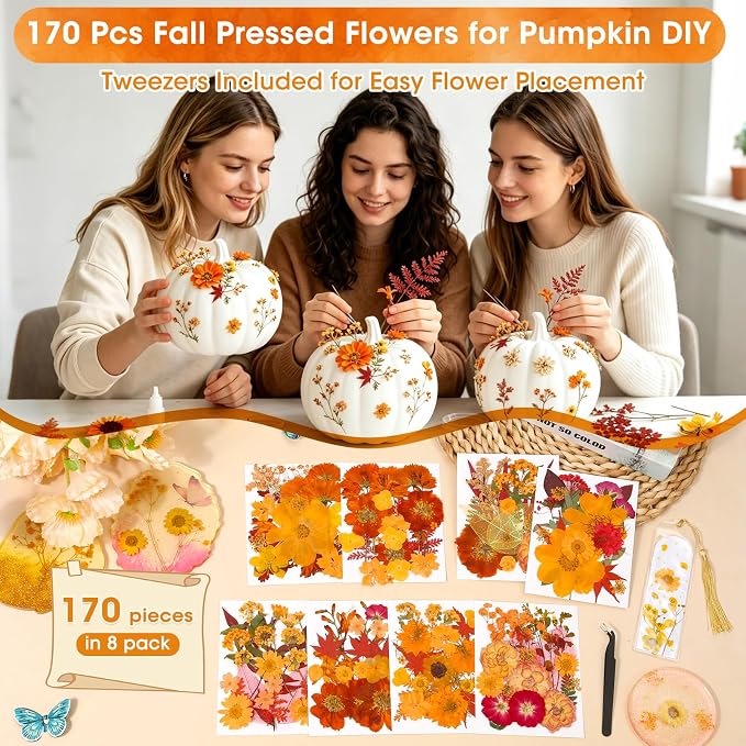 170 PCS Fall Dried Pressed Flowers with Tweezers, Real Nature Dried Flowers Orange Autumn Pressed Florals Set for Resin Scrapbooking Vase Candle Making Card Scrapbook Craft Floral Decors