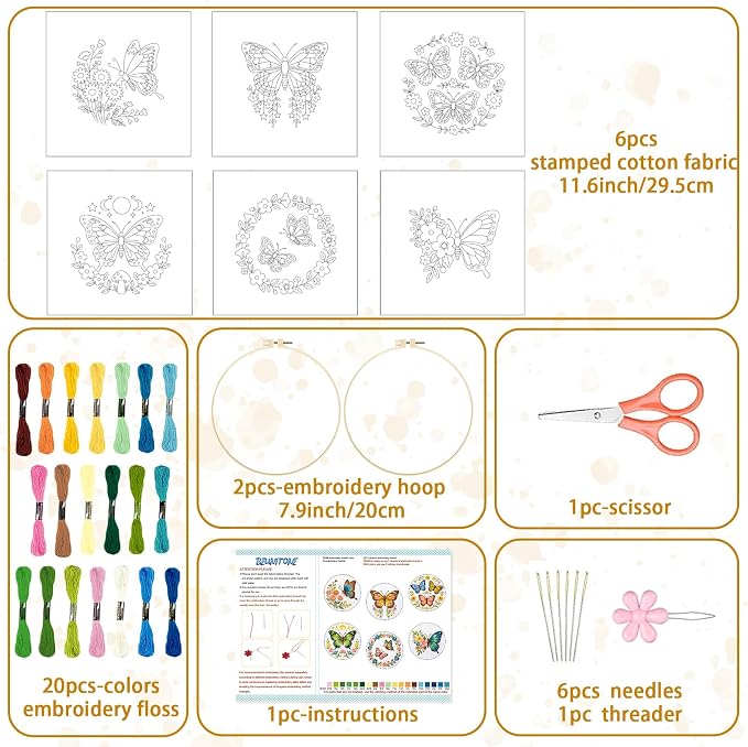 BEUNITONE 6 Set Embroidery Kit for Beginner Adults, Colorful Butterfly Floral DIY Cross Stitch Set with Stamped Pattern Hoops Threads Cloth Needles, Embroidery Starter Kit for Home Decor and Gifting