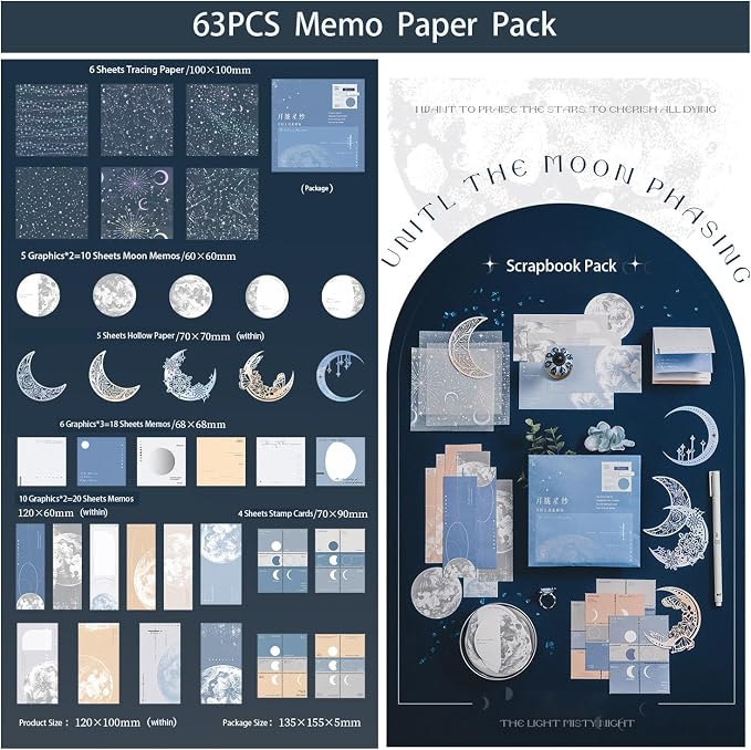 Doraking 63PCS Moon Embellishment Scrapbook Paper Packs for Journaling