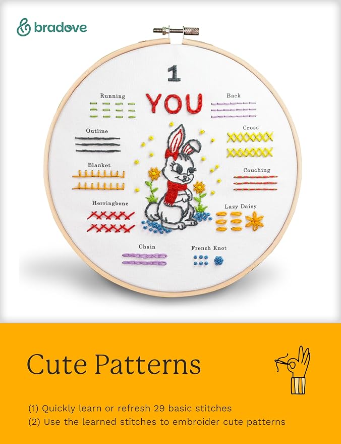 Bradove Beginner Embroidery Kit for Adults and Kids | Hand Embroidery Kit for Beginners with Patterns, Learn to Embroider Kit Adult Beginner, Stitches Practice, Learn to Sew