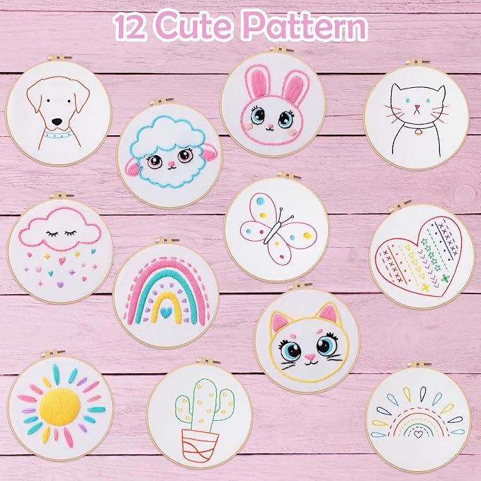 Louise Maelys 12 Pre-Stamped Embroidery Kits for Beginners, Kids Girls Cross Stitch Kit,DIY Needlepoint Craft Sewing Practice Supplies,Funny Cute Pattern,Perfect for Ages 8+